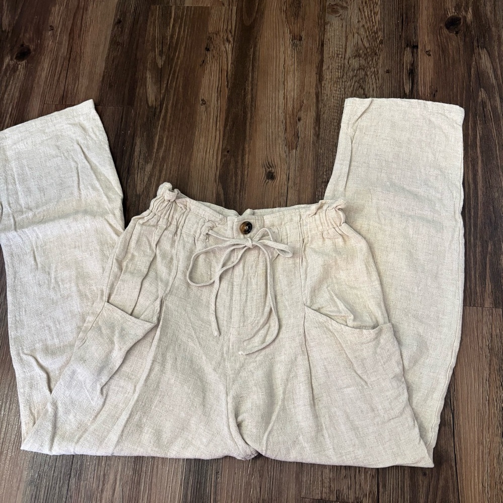 Princess Polly Beige Linen High Waisted Tan Trousers Size 4